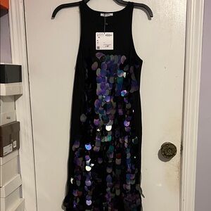 Zara Black and Iridescent Sequin Midi Dress